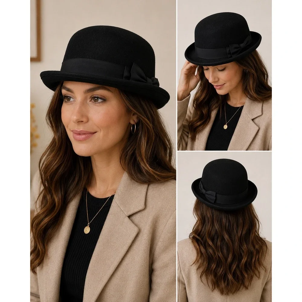 Vintage Ina Too Black Wool Felt Derby Bowler Hat Women's USA Sollman Dorfkin